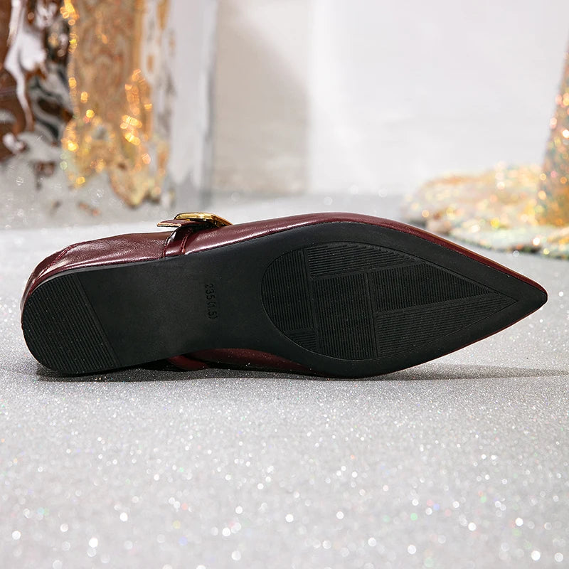 Women's Pointed Toe Mary Jane Flats, PU Leather Hidden Wedge Heel, Burgundy Buckle Strap Dress Shoes for Office & Casual